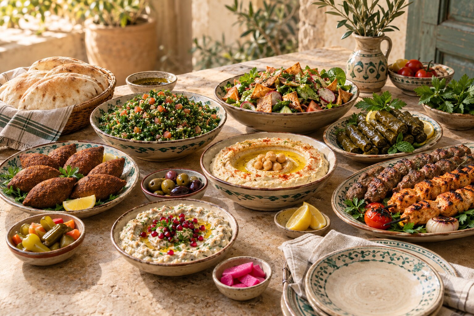 Lebanese mezze and home-cooked dishes arranged on a generous table